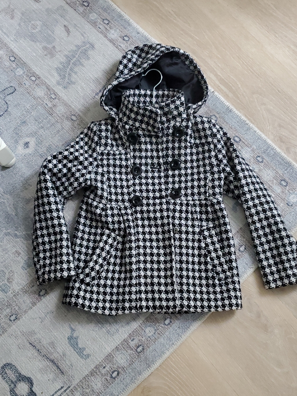 Rothschild Girls Black White Houndstooth Pea Coat Jacket detachable hood Sz7